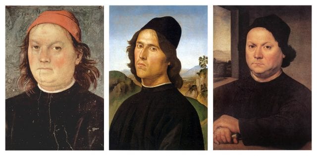 Da sinistra, autoritratto di Perugino, ritratto di Lorenzo di Credi di Perugino, ritratto di Perugino di Lorenzo Credi
