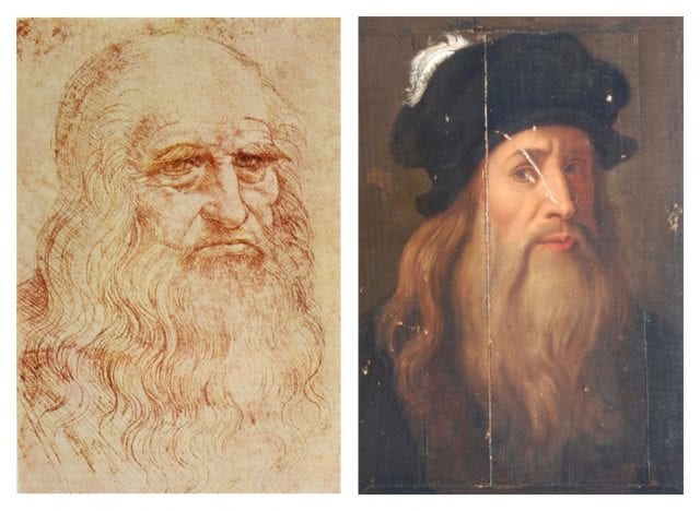 Da sinistra, Leonardo da Vinci, autoritratto, attribuito a Leonardo da Vinci, autoritratto