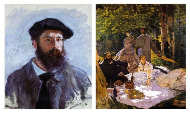 Claude Monet, a sinistra, autoritratto, a sinistra, Le Déjeuner sur l’herbe (1863)