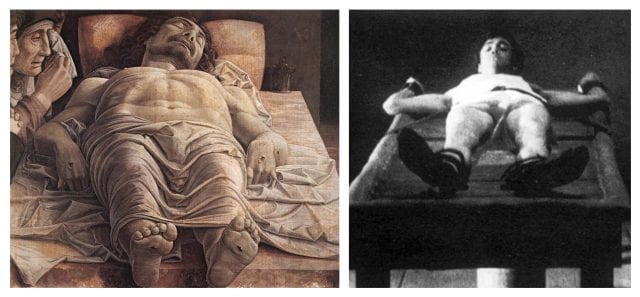 Andrea Mantegna, Il Cristo morto, 1431-1506. A destra una scena di Mamma Roma, 1962