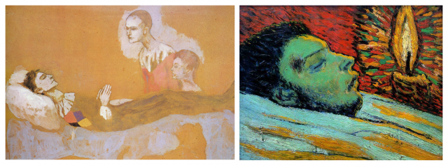 Picasso, Arlecchino morto, 1901. A destra, La morte di Casagermas, 1901
