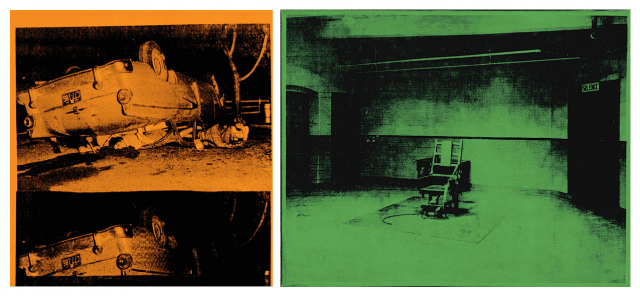 Andy Warhol, Five Deaths, Incidente automobilistico arancione, 1963. A destra, Little electric chair, 1963